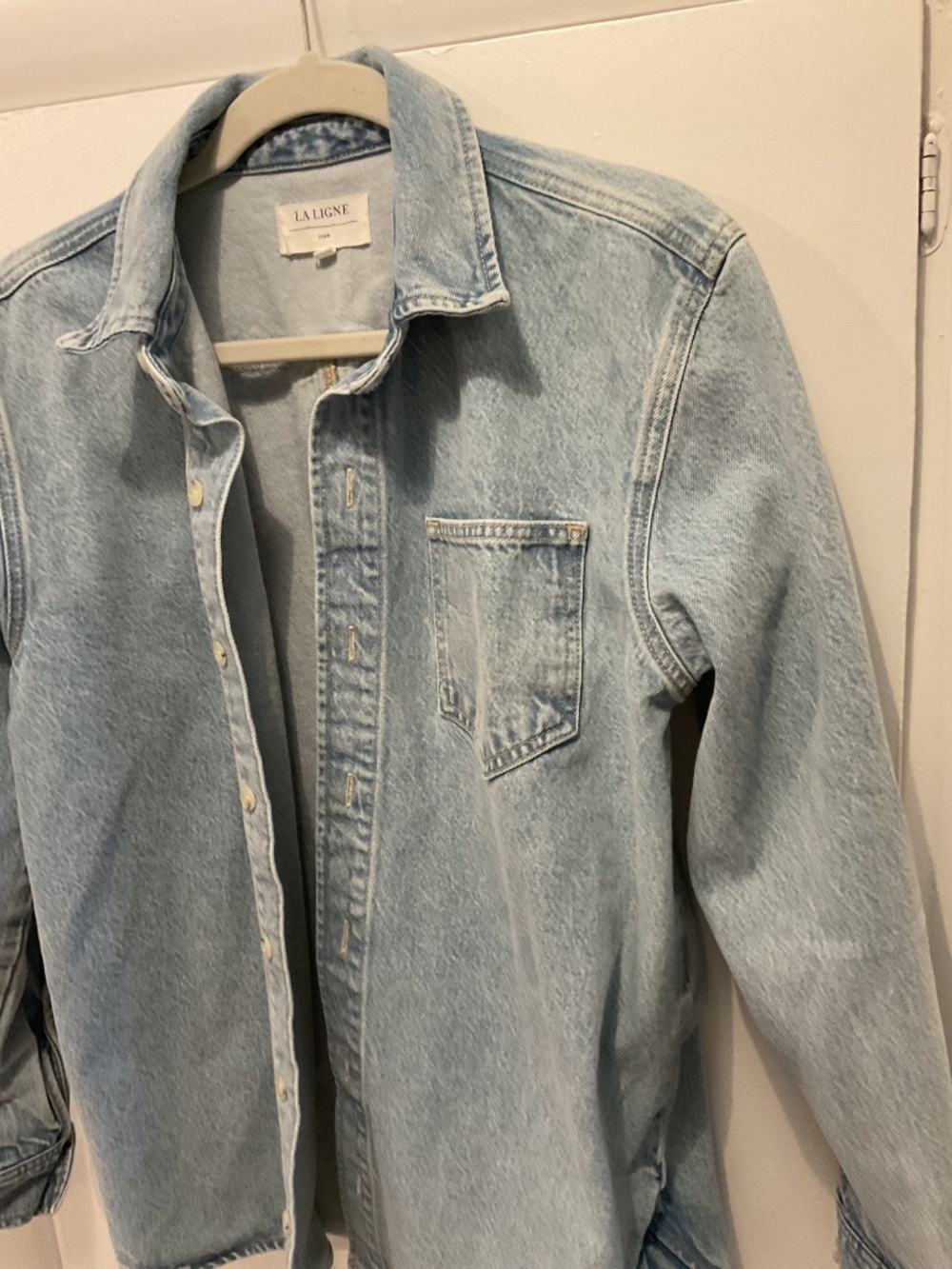 La Ligne Relaxed Fit Distressed Denim Jacket, Size Small, Light Denim Color - Picture 2 of 5